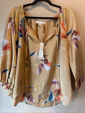 lovestitch Mustard Floral Peasant Blouse with Tassels